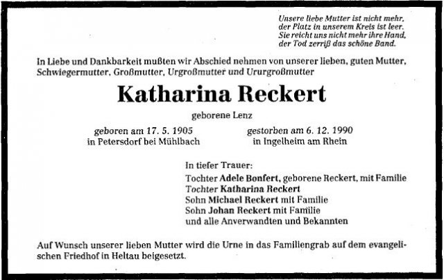 Lenz Katharina 1905-1990 Todesanzeige